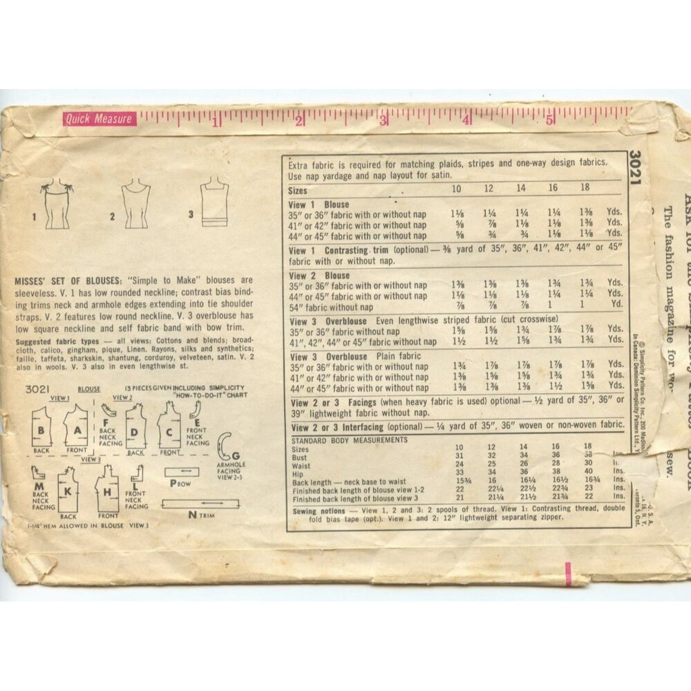 Vintage Simplicity 3021 Sewing Pattern Misses Sleeveless Blouses Size 16 Bust 36 - Picture 2 of 4